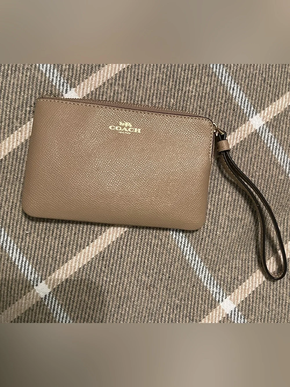 COACH Pebbled Leather Mini Wristlet in Taupe with Gold Logo